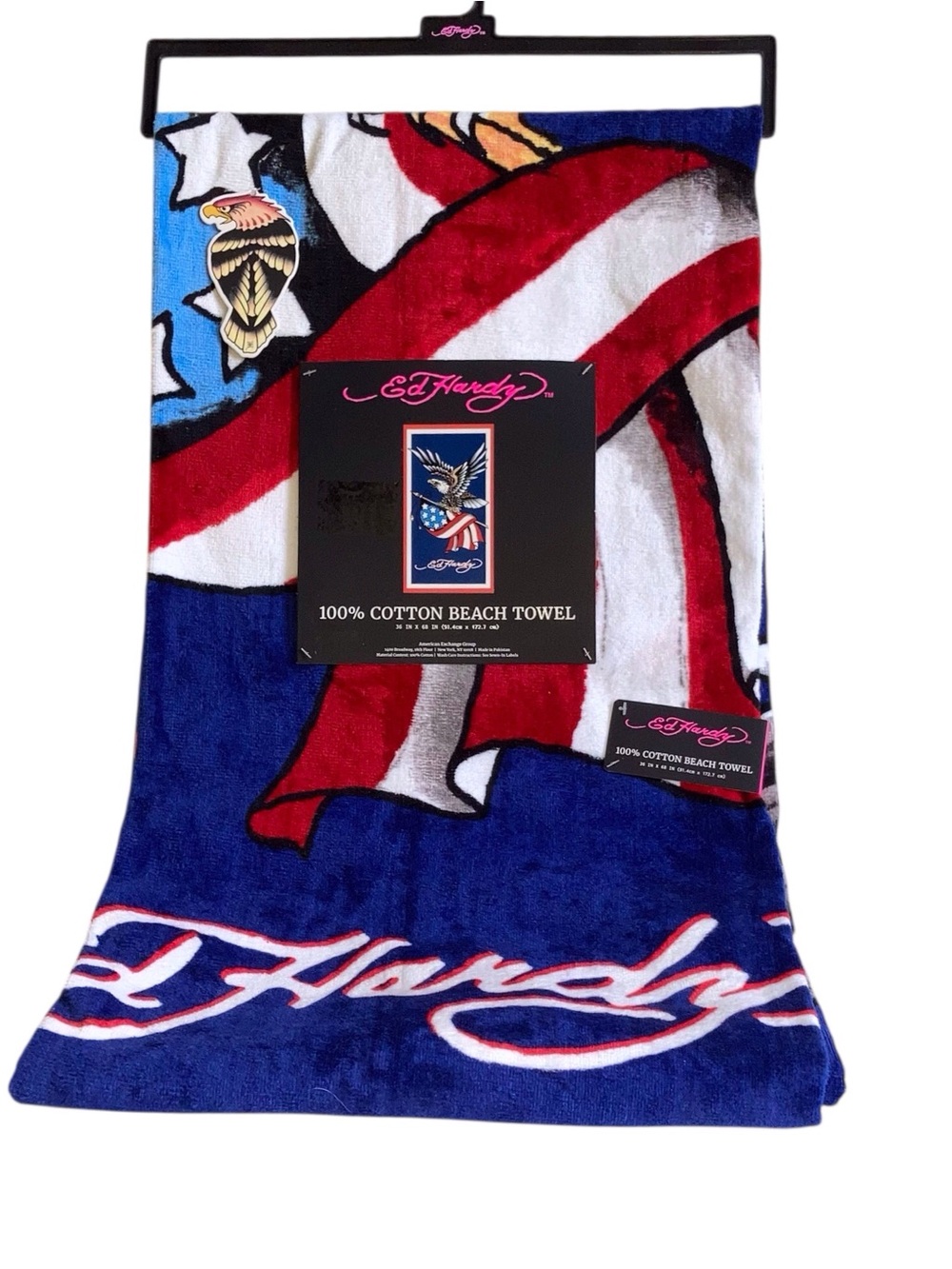 Ed Hardy Americana Flag Cotton Beach Towel - Red, White, Blue